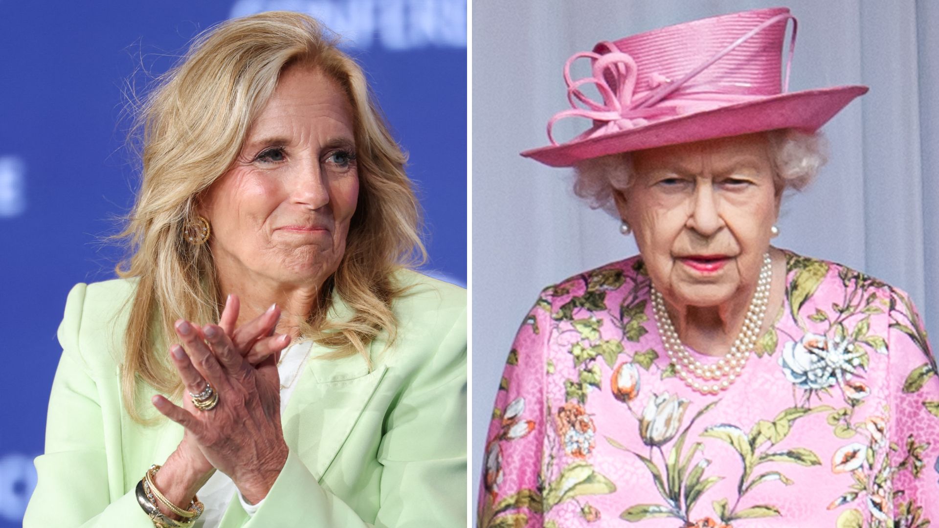 A composite of a picture of Dr Jill Biden in 2026 and a picture of Queen Elizabeth in 2021