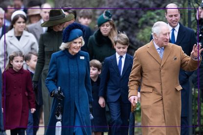 Princess Charlotte, Catherine, Princess of Wales, Camilla, Queen Consort, Prince Louis, Prince George, King Charles III and Prince William, Prince of Wales attend the Christmas Day service at Sandringham Church on December 25, 2022 in Sandringham,