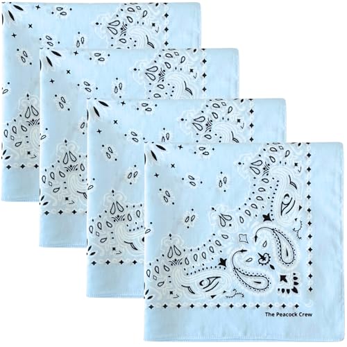 The Peacock Crew 4 Pack Sky Blue Paisley Bandanas (22x22 Inch) - Cotton Handkerchiefs for Men &amp;amp; Women - Light Baby Blue Pastel Set