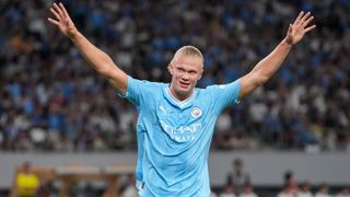 Erling Haaland of Manchester City celebrates their third goal during the preseason friendly