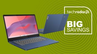 Two Lenovo IdeaPad Slim 3 Chromebooks on a green background with the text 'BIG SAVINGS'.