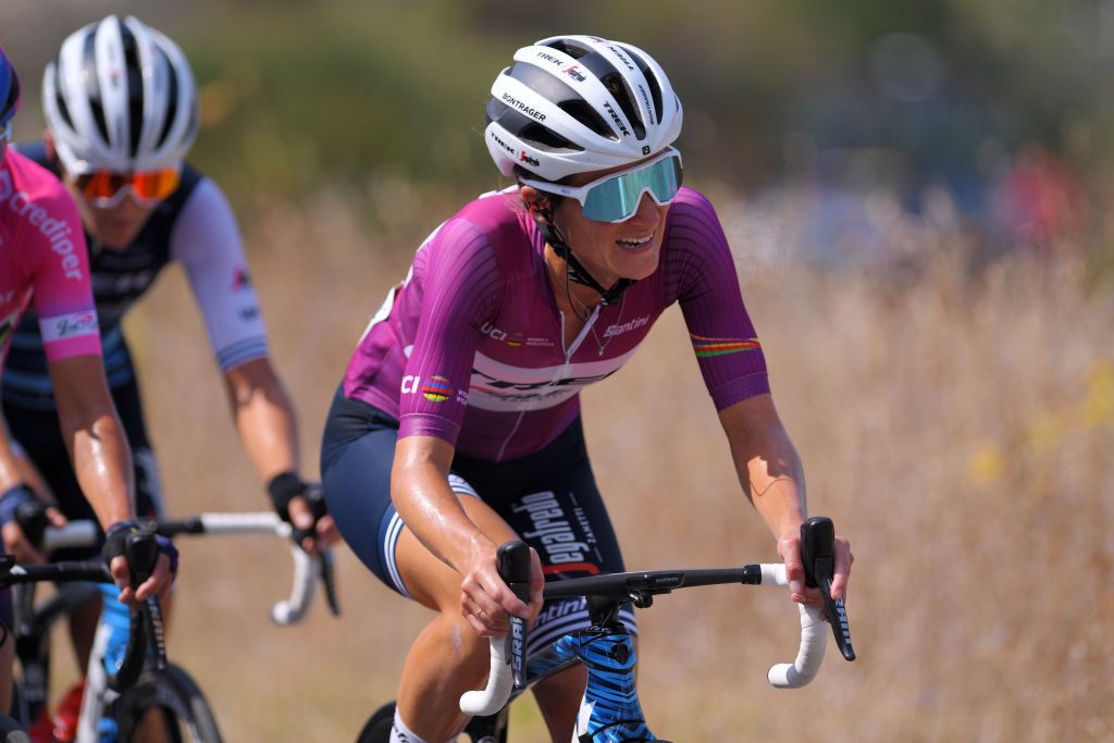Lizzie Deignan wearing the Women's WorldTour leader's jersey stage 8 at the Giro Rosa