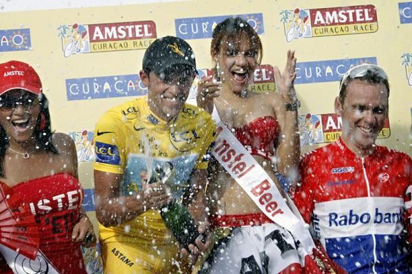 Alberto Contador (Astana) celebrates his victory with a bit of champagne.