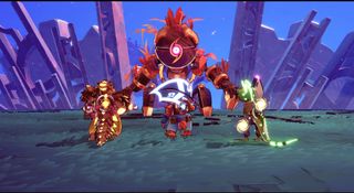 Windblown screenshot of a golem boss looming over three players