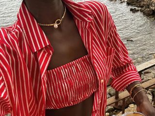 Amy Lefevre in a red J.Crew striped set