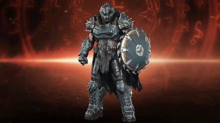 Doom: The Dark Ages Twitch Drops - The Guardian Doom Slayer skin standing against an orange background with various runes and symbols.