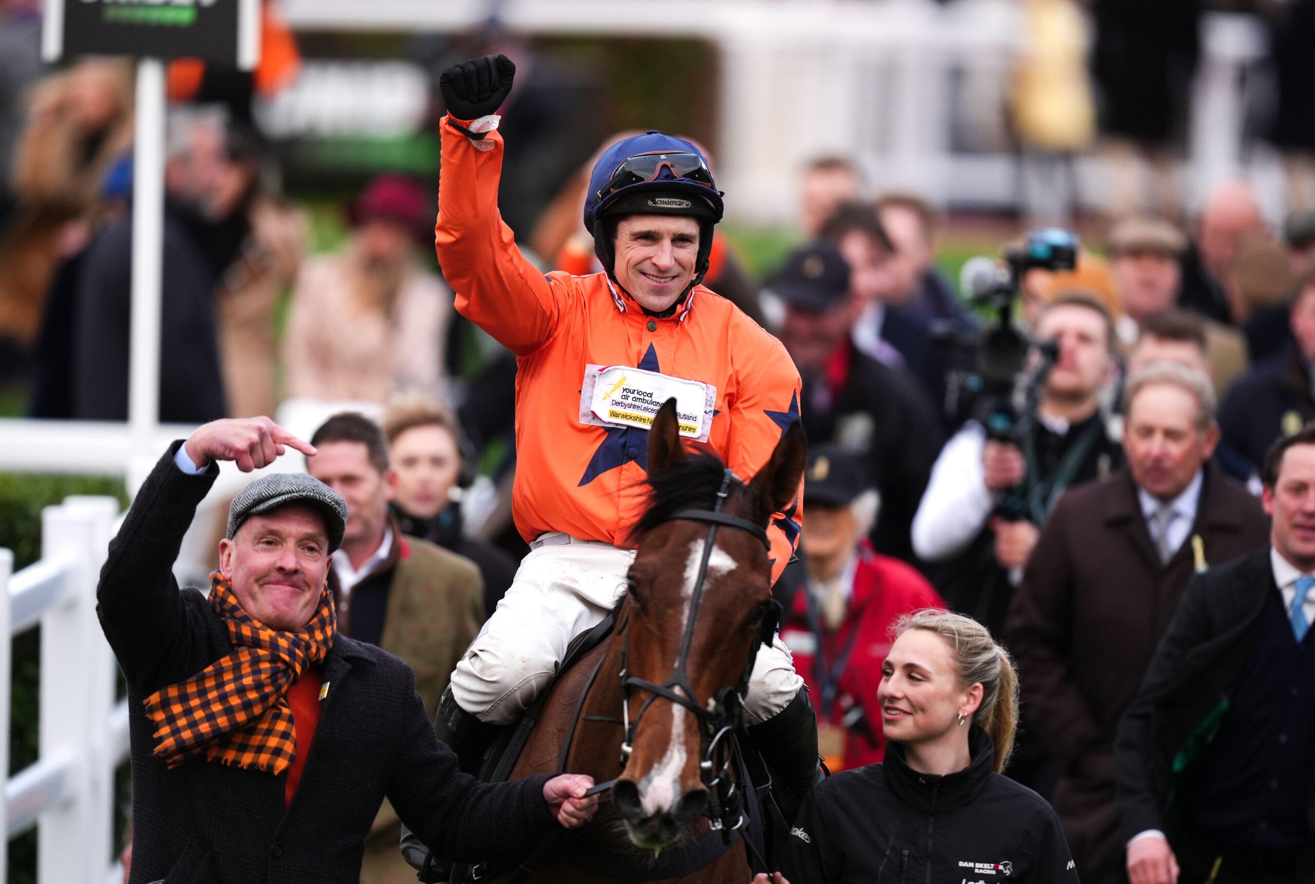 Harry Skelton aboard Madara after winning the Sun Racing Plate Handicap Chase on day one of the 2026 Cheltenham Festival at Cheltenham Racecourse on Cheltenham day 1