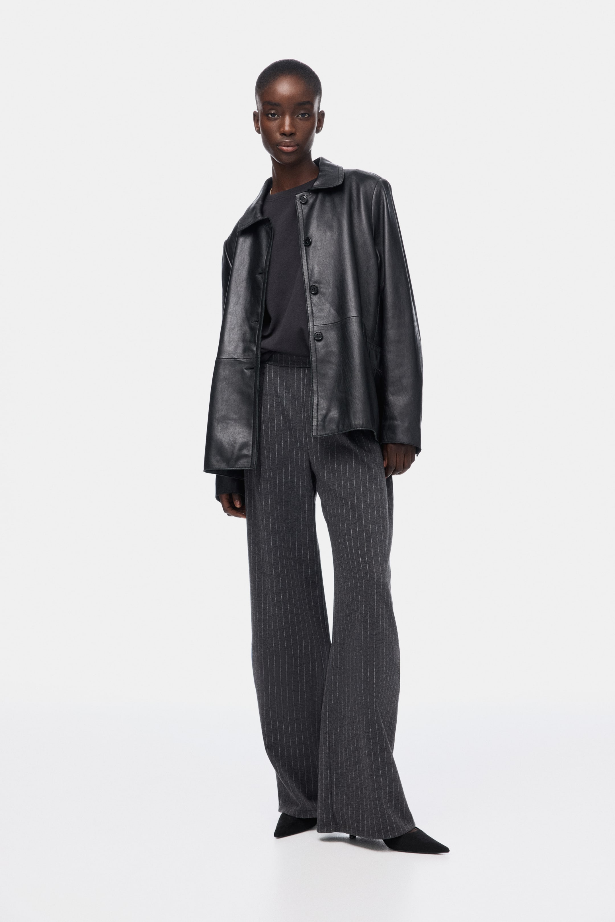 Wide Trousers - Dark Grey Marl/pinstriped