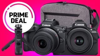 Two Canon EOS cameras (Canon EOS R100 and Canon EOS R50) with lenses, a gray camera bag, and a Canon tripod, over a vibrant pink background with a "Prime Deal" labe