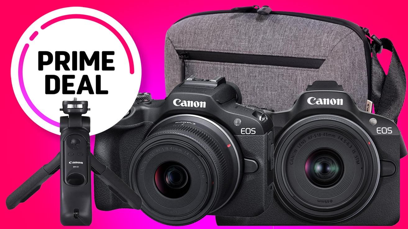 Two Canon EOS cameras (Canon EOS R100 and Canon EOS R50) with lenses, a gray camera bag, and a Canon tripod, over a vibrant pink background with a &quot;Prime Deal&quot; labe