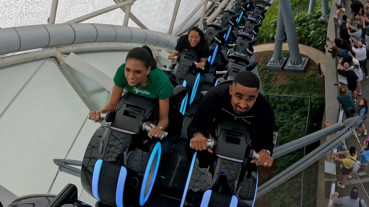 Super Bowl MVP quarterback Jalen Hurts gets a rush while experiencing TRON Lightcycle / Run at Walt Disney World Resort in Lake Buena Vista, Fla., a day after leading the Philadelphia Eagles to a Super Bowl win. Hurts was also the star of a celebratory parade at Magic Kingdom Park where he spent the day having fun with family and friends.