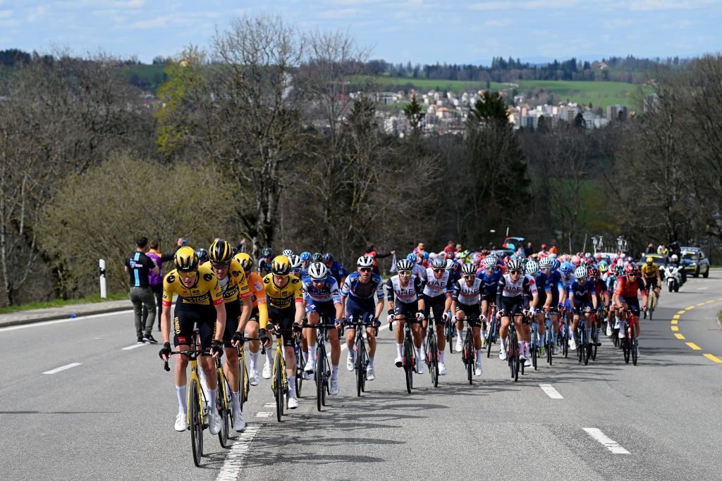 LA CHAUXDEFONDS SWITZERLAND APRIL 27 A general view of the peloton competing during the 76th Tour De Romandie 2023 Stage 2 a 1627km stage from Morteau to La ChauxdeFonds UCIWT on April 27 2023 in La ChauxdeFonds Switzerland Photo by Dario BelingheriGetty Images
