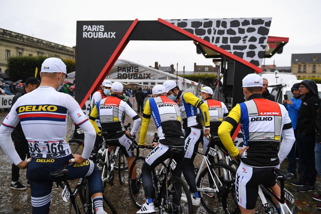 ROUBAIX FRANCE OCTOBER 03 Riders of Team DELKO wear a special edition Look 1985 kit for ParisRoubaix based in La Vie Claire Team jersey of the 1980s inspired by Dutch artist Piet Mondrian prior to the 118th ParisRoubaix 2021 Mens Eilte a 2577km race from Compigne to Roubaix ParisRoubaix on October 03 2021 in Roubaix France Photo by Tim de WaeleGetty Images