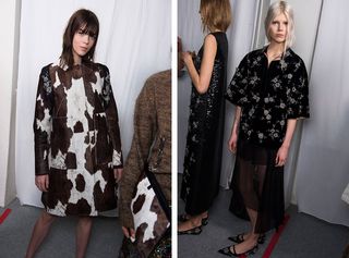 Two side-by-side photos of female models wearing looks from No 21's collection. In the first photo there is a model wearing a brown and white cow print coat. Next to her is another model wearing a brown piece, multicoloured sequin bottoms and she is holding a brown and white cow print bag. In the second photo there is a model wearing a long black embellished dress and flat black shoes. Next to her is another model wearing a black top with light coloured floral pattern, a semi-sheer skirt and flat black pointed shoes