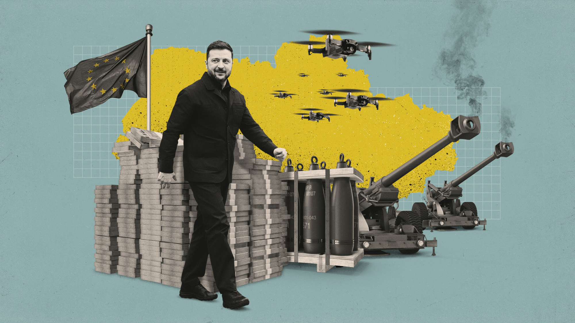Photo composite illustration of Volodymyr Zelenskyy alongside a pile of Euros, mortar shells, Howitzers, drones and a map of Ukraine