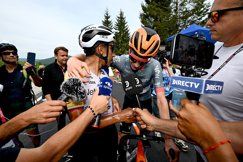 PIANCAVALLO, ITALY - MAY 30: (L-R) Egan Bernal of Colombia and Thymen Arensman of Netherlands and Netcompany INEOS Cycling Team react after the 109th Giro d&amp;amp;apos;Italia 2026, Stage 20 a 200km stage from Gemona del Friuli to Piancavallo 1289m / #UCIWT / on May 30, 2026 in Piancavallo, Italy. (Photo by Tim de Waele/Getty Images)