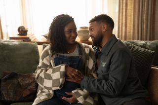 teyonah parris and ot fagbenle as couple carla and dennis holding her pregnant stomach in no good deed