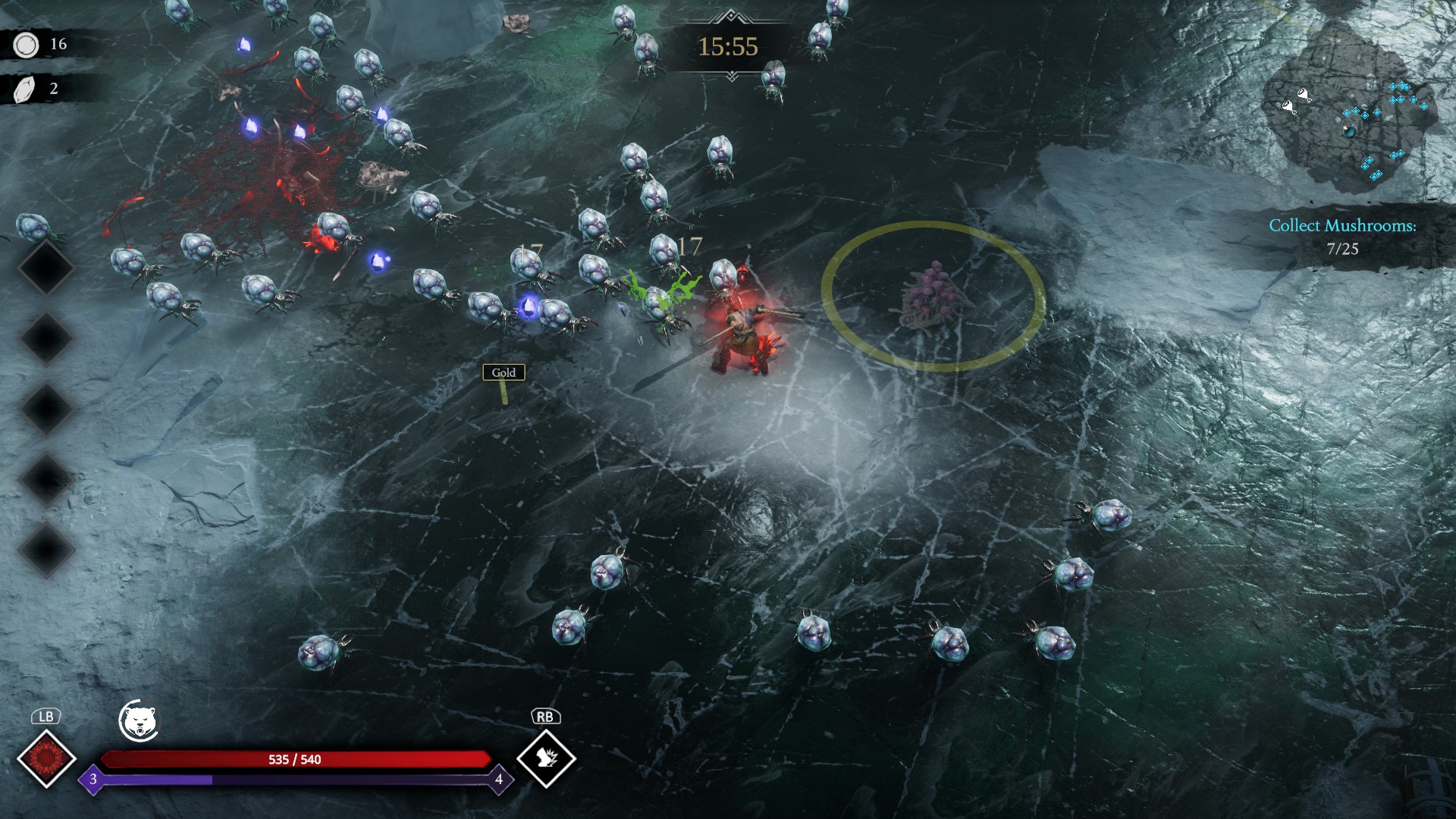 Fighting against a huge swarm of spiders while collecting mushrooms in Jotunnslayer: Hordes of Hel.