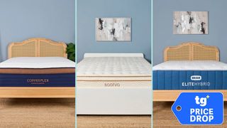 Image shows three of the 5 best mattresses on sale this 4th of July: the Brooklyn Bedding Copperflex, the Saatva Classic, and the Bear Elite Hybrid