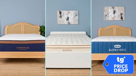 Image shows three of the 5 best mattresses on sale this 4th of July: the Brooklyn Bedding Copperflex, the Saatva Classic, and the Bear Elite Hybrid
