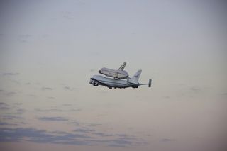 Shuttle Carrier Aircraft Carrying Discovery Takes Off