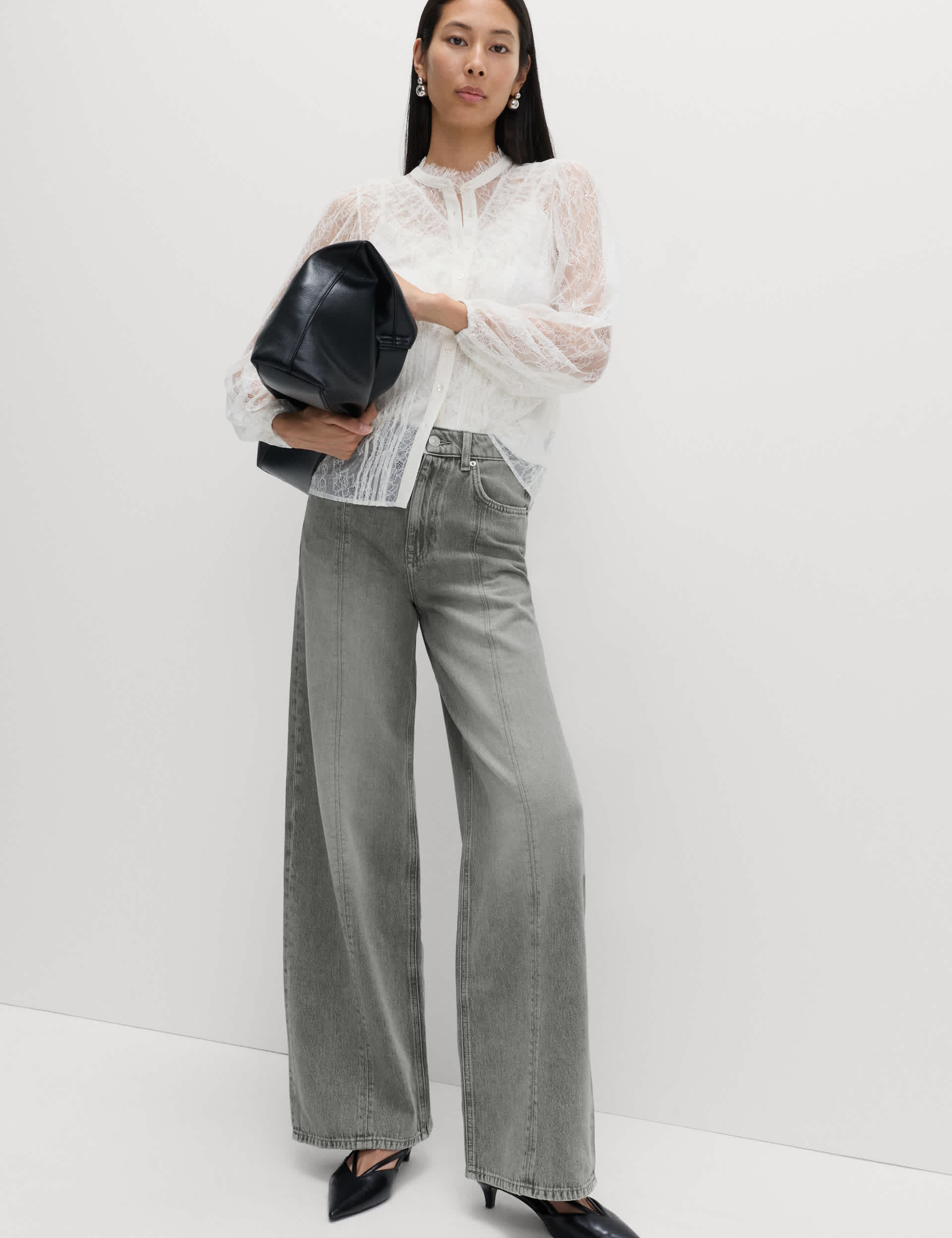 Mid Rise Seam Front Wide Leg Jeans
