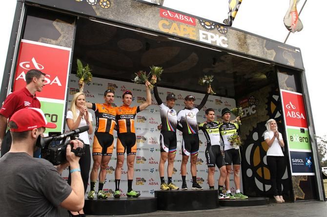 Men's Stage 3 Podium (LtoR): 2nd Jochen Kaess and Markus Kaufmann of Centurion-Vaude, 1st Christoph Sauser and Frantisek Rabon of Meerendal Songo Specialized, 3rd Robert Mennen and Kristian Hynek of Topeak-Ergon Racin