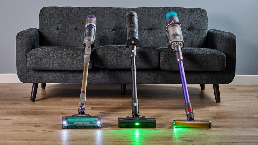 Shark PowerDetect, Roborock H60 Hub Ultra and Dyson Gen5detect vacuums with their headlamps illuminated