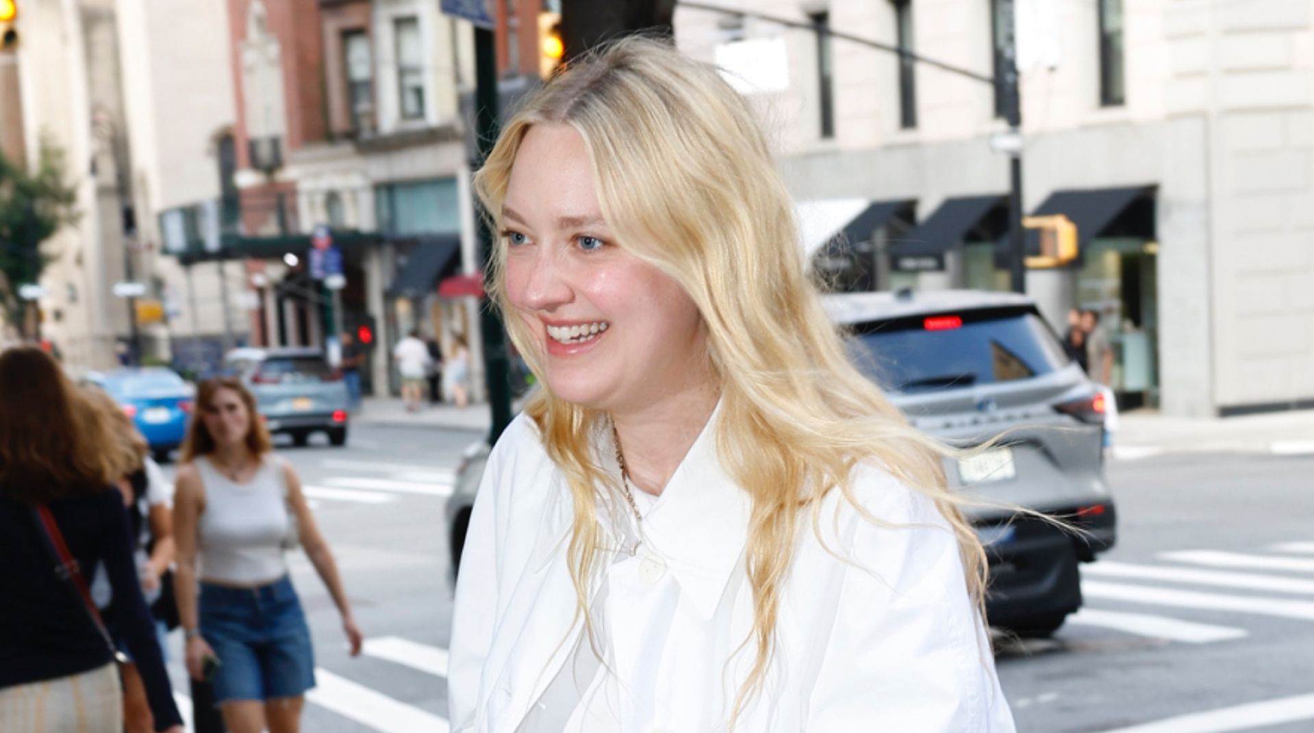 Dakota Fanning Pairs Kendall Jenner's The Row Bag With Hailey Bieber's Favorite Heeled Flip-Flops