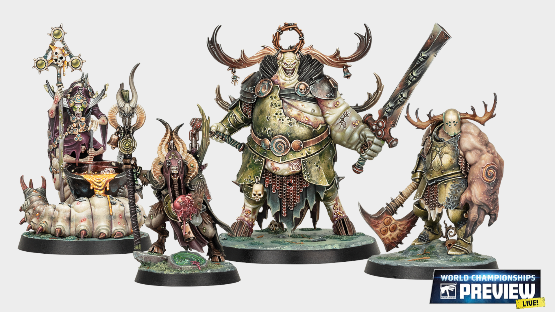 Four pestilent Nurgle heroes against a plain background, with a World Championships Preview logo in the bottom right-hand corner