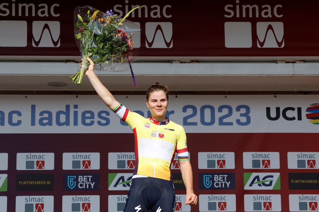 LELYSTAD NETHERLANDS SEPTEMBER 08 Lotte Kopecky of Belgium and Team SD Worx Yellow Leader Jersey celebrates at podium during the 25th Simac Ladies Tour 2023 Stage 3 a 1489km stage from Emmeloord to Lelystad UCIWWT on September 08 2023 in Lelystad Netherlands Photo by Bas CzerwinskiGetty Images