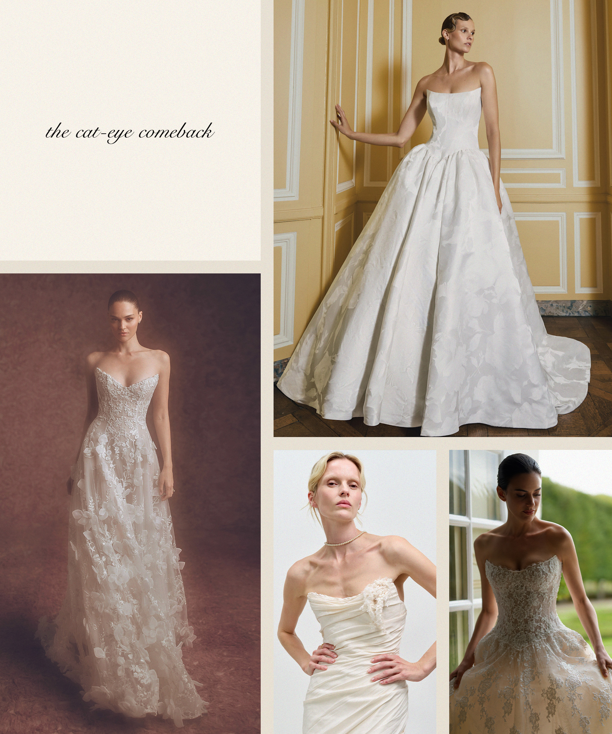 a collage of wedding gowns with a cat-eye neckline.