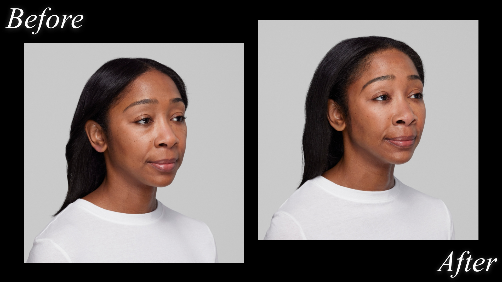 a woman in a split image before and after collage wearing a white t-shirt