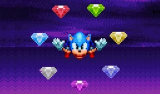 Sonic Mania Sonic floats in the air with the Chaos Emeralds