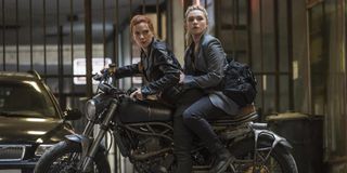 Scarlett Johansson and Florence Pugh on motorcycle in Black Widow
