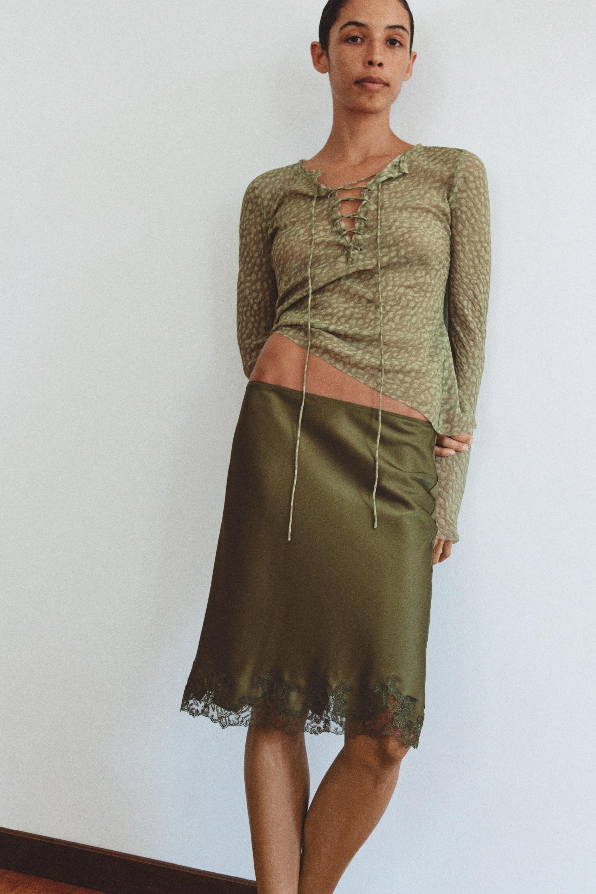 Satin Lace Midi Skirt - Green - Xs