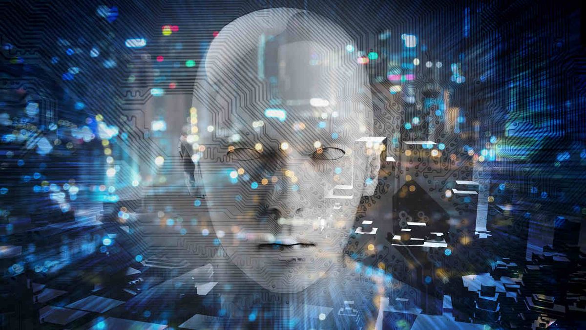 Photo illustration: Computer chip superimposed over robotic-looking male head