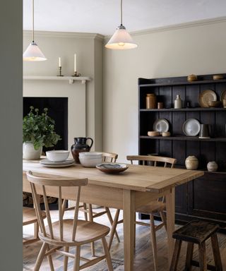 Kitchen dining area with ceramic pendant lamps
