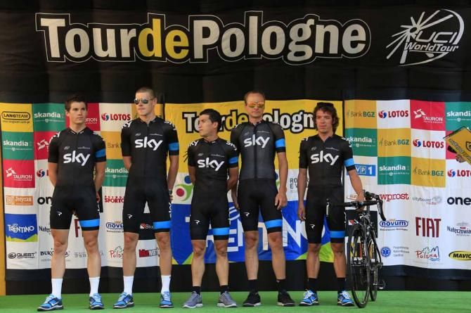 Team Sky on stage without Bradley Wiggins