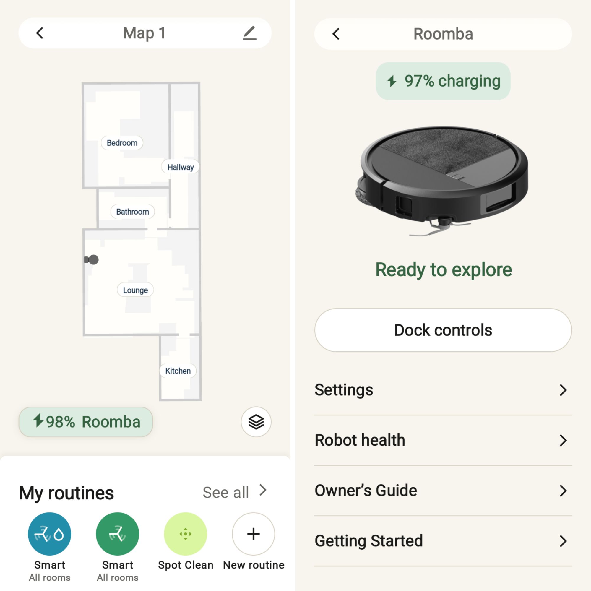Screenshots of the iRobot Roomba Plus 415 Combo app, showing a map of a flat and settings options