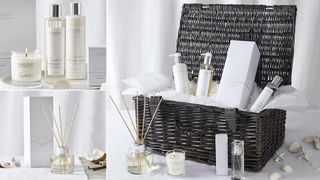 A brown wicker hamper full of home scents and bath products from The White Company