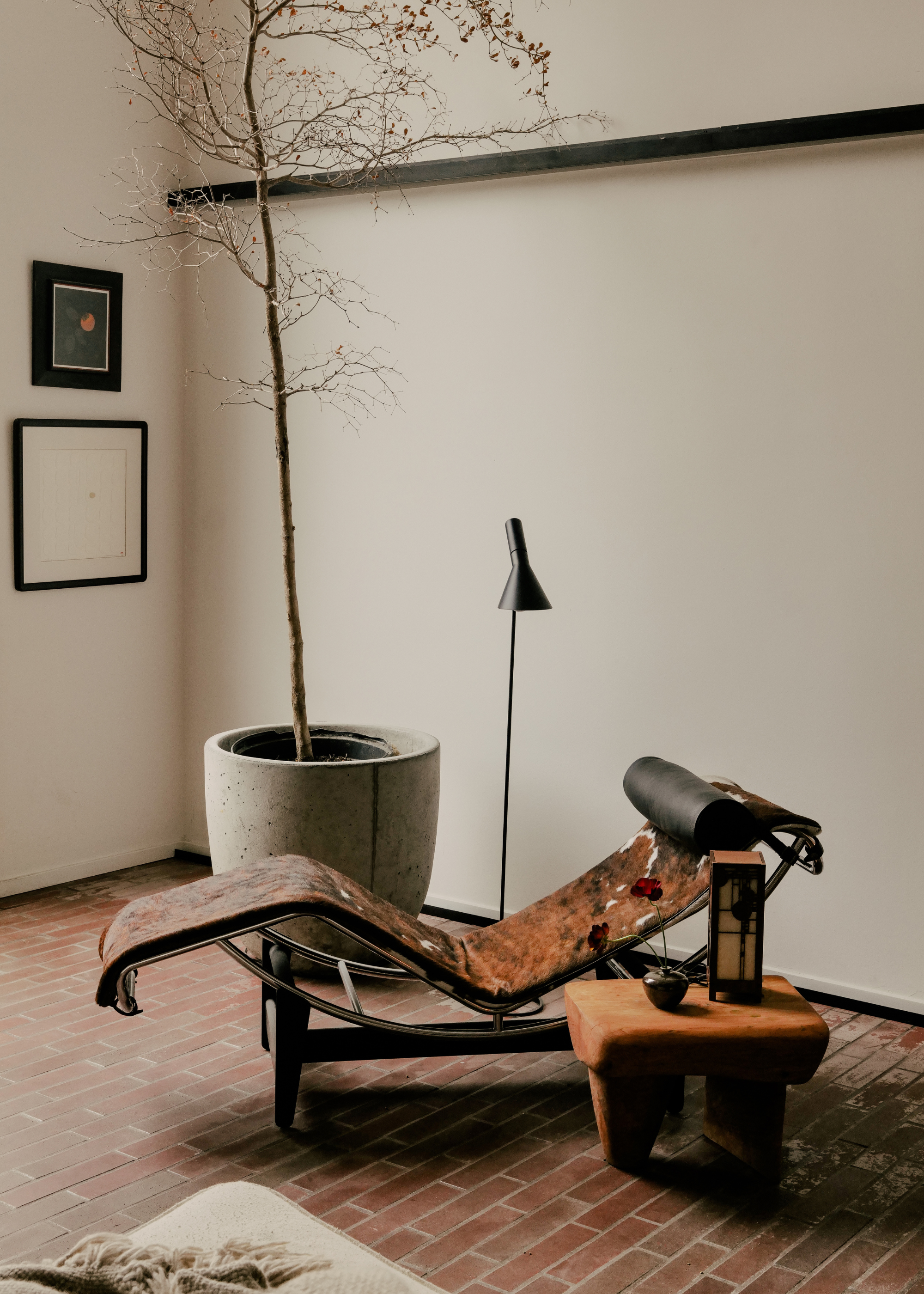 A Japandi living room corner with a potted tree, a black floor lamp, a short side table, and a chaise-style bench