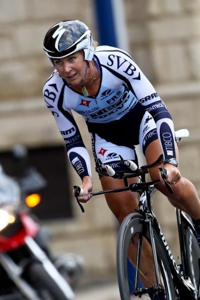 Meredith Miller (TIBCO) attacking one of the little climbs on the TT course.