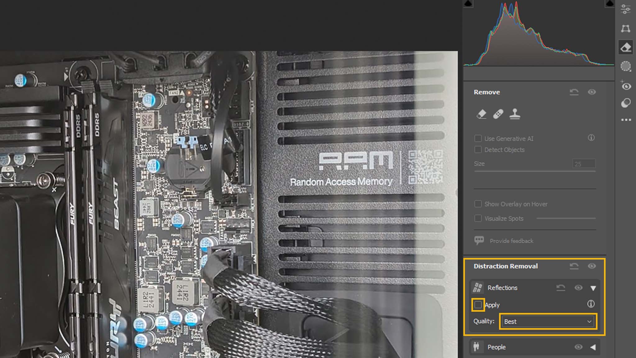 The Camera Raw Filter Removal menu with "Distraction Removal," "Apply," and "Best" highlighted with a yellow box.