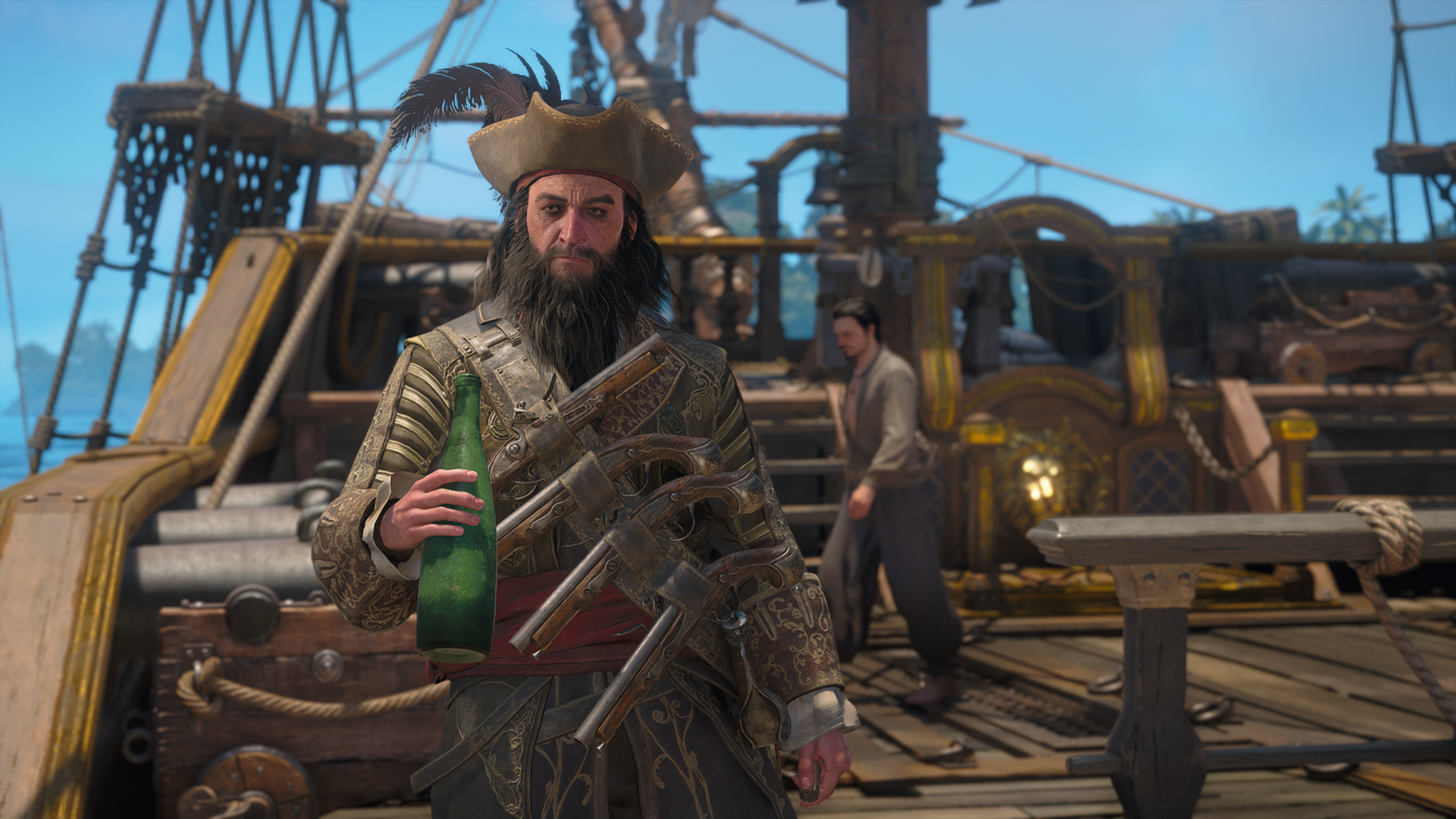 Black Flag Resynced: Blackbeard on the deck of his ship holding a bottle of rum in his right hand.