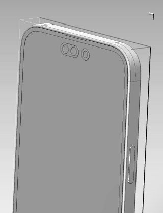 A leaked CAD file of the iPhone 14 Pro Max, showing the display from a diagonal angle