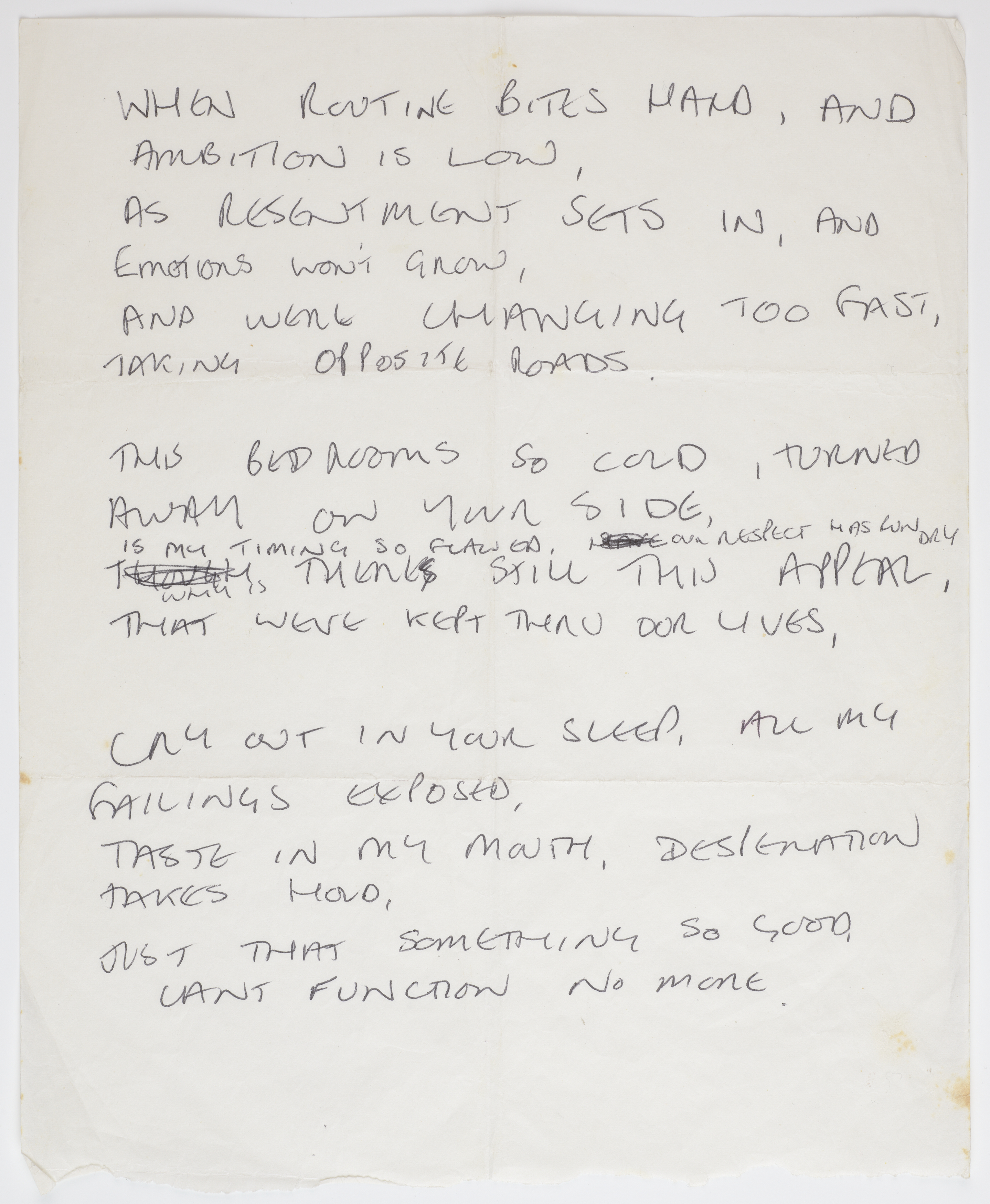 Handwritten lyric to 'Love Will Tear Us Apart by Joy Division, Ian Curtis, c 1979. Image courtesy The University of Manchester