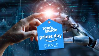 human hand and robot AI hand meeting with Prime Day deals tag in the middle 