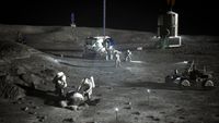 Artistic depiction of NASA astronauts at the lunar south pole carrying out early work to establish an Artemis Base Camp. 