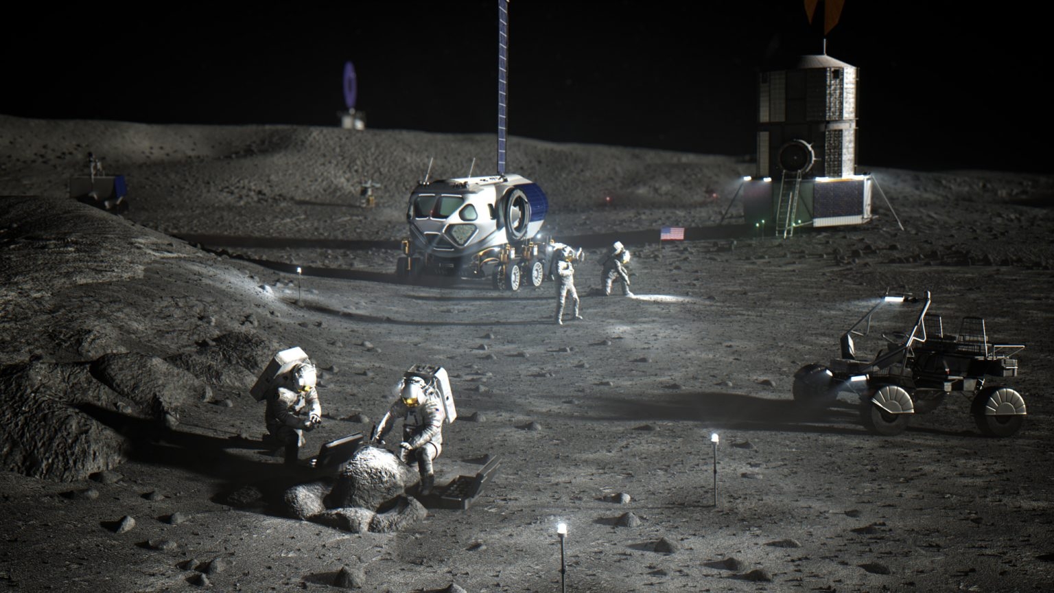 Artistic depiction of NASA astronauts at the lunar south pole carrying out early work to establish an Artemis Base Camp.